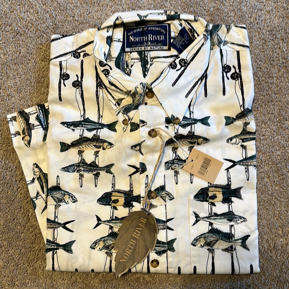 New Men’s North River short sleeve button up dress shirt with fish size large